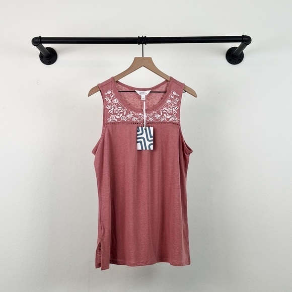 NWT StitchFix Market & Spruce Embroidered Linen Round Neck Tank Pink - Picture 2 of 5